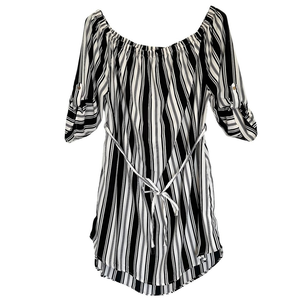 Indulge In Style Dress Women's 2X Black White Striped Off Shoulder Belt Tunic
